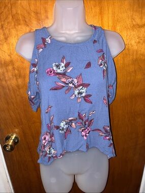 Blue Floral Cold-Shoulder Camisole with Pink Accents